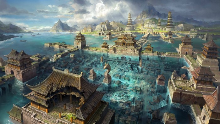 Underwater ancient Chinese city with temples and mountains