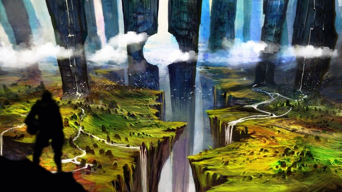 Silhouette of a person overlooking a canyon with waterfalls and birds