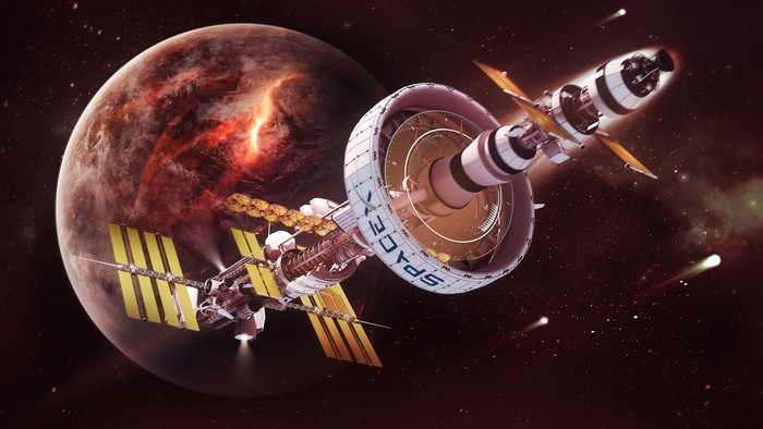 SpaceX Starship and space station near a red planet