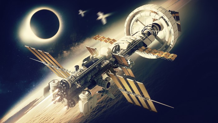 Spaceship near a solar eclipse with two fighter jets