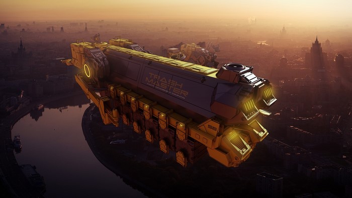 Futuristic Trash Master vehicle flying over a city