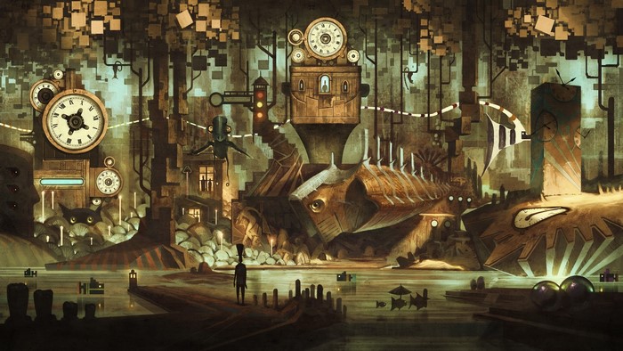 Steampunk city with clocks and strange creatures