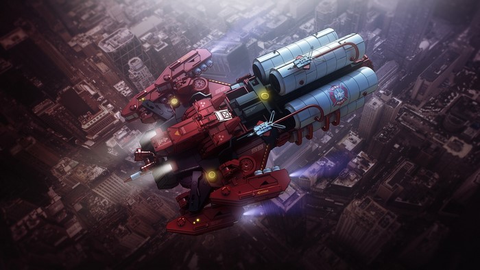 Futuristic red and blue spaceship flying over a city