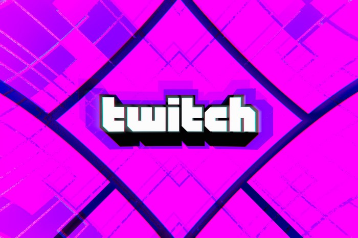 Twitch logo on a pink and purple geometric background
