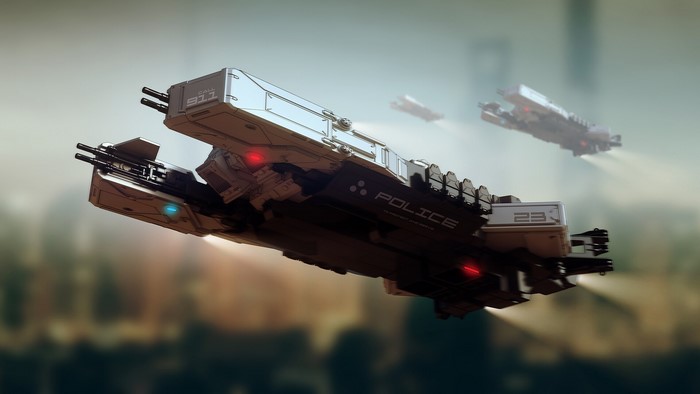 Police hovercrafts flying over a city