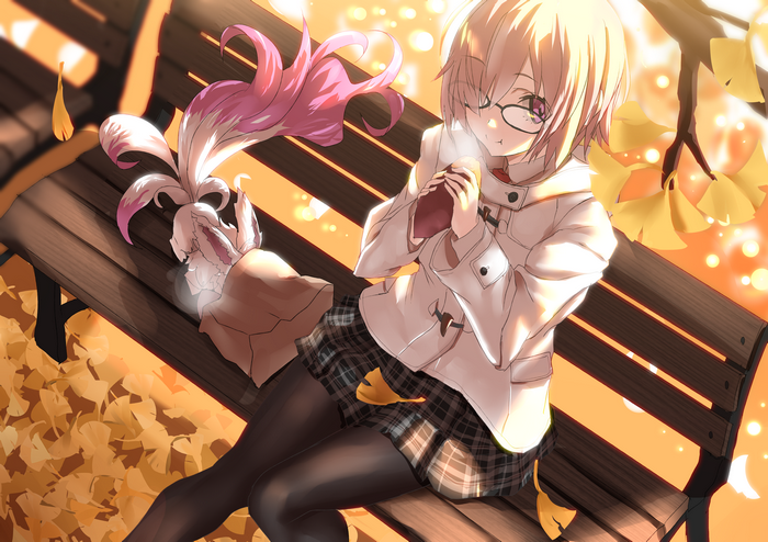Anime girl with glasses and a fluffy creature on a bench