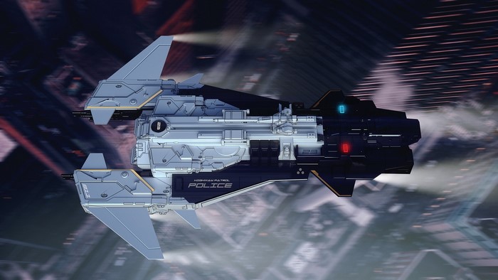 Sci-fi Highway Patrol spaceship flying over a city