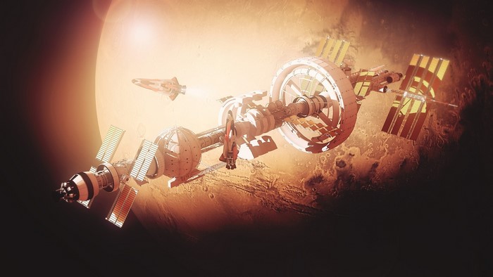 Space station and spacecraft near Mars