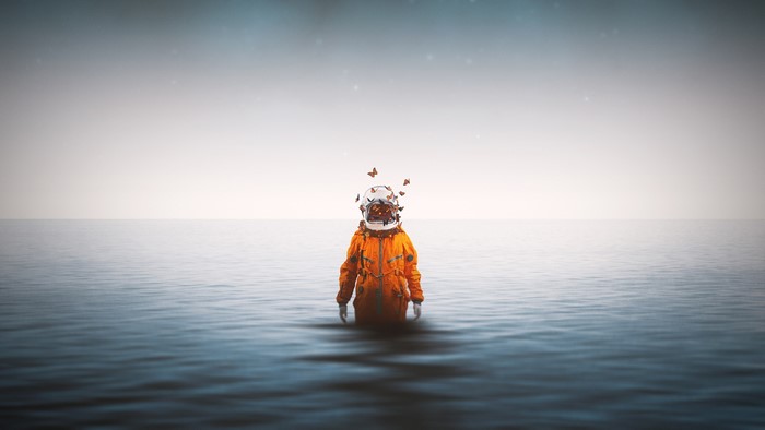 Astronaut in water with butterflies 4K