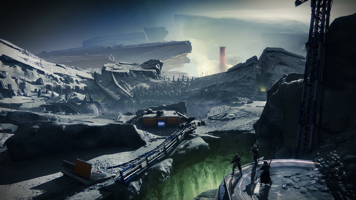 Destiny 2 landscape with alien structures and tower