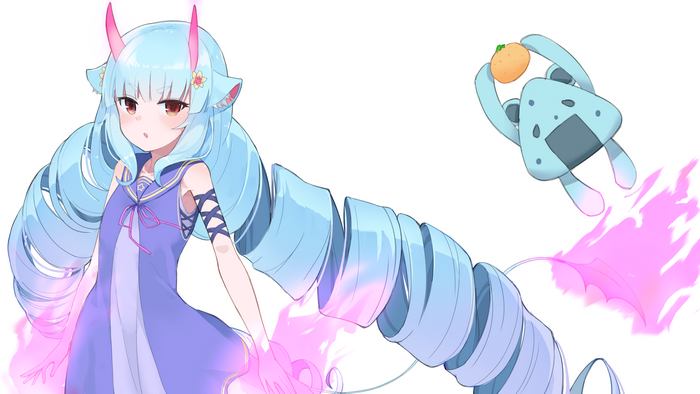 Girl with blue hair and horns holding pink energy