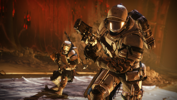Destiny 2 Guardians in a fiery landscape