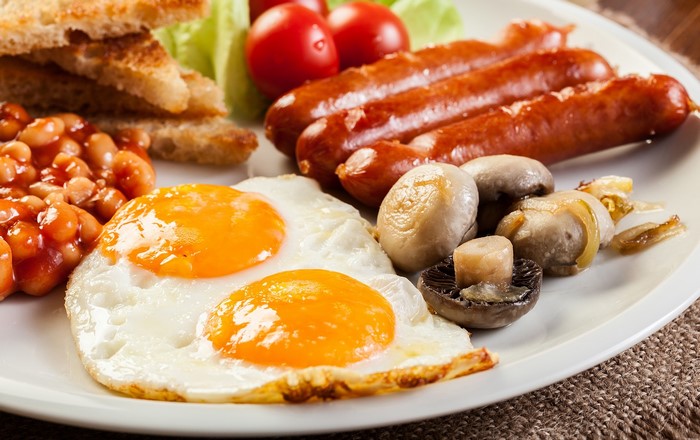 Full English Breakfast with Eggs, Sausages, Beans, Toast, and Mushrooms