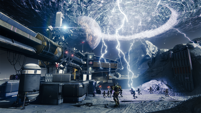 Destiny 2 characters on a moon with lightning