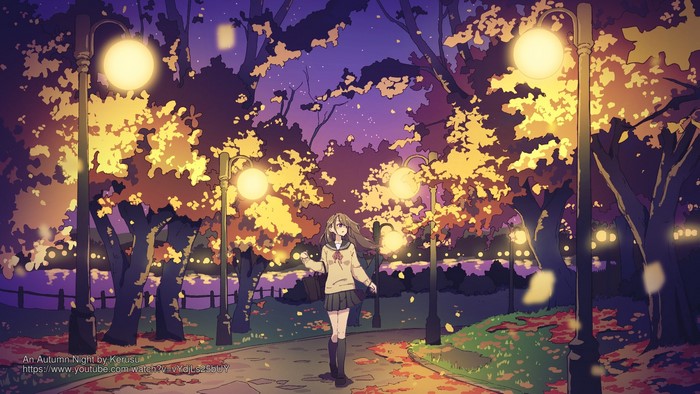 Anime girl in school uniform in an autumn park at night