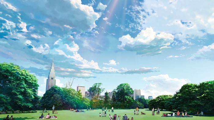 Anime park with city skyline and clouds