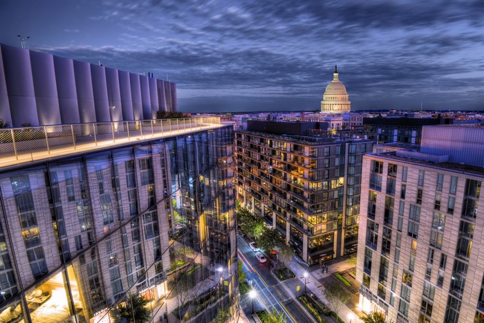 Washington D.C. cityscape at dusk with Capitol Building