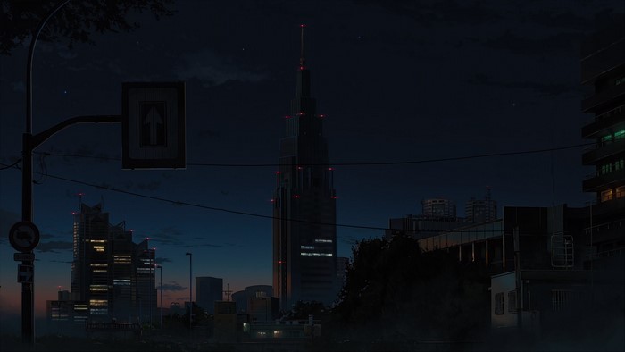 Anime city skyline at night with tall buildings