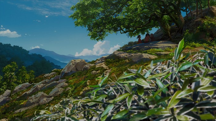 Anime landscape with mountains and children under a tree