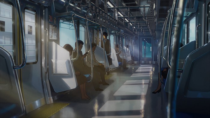 Train interior with passengers, Kimi no Na Wa anime