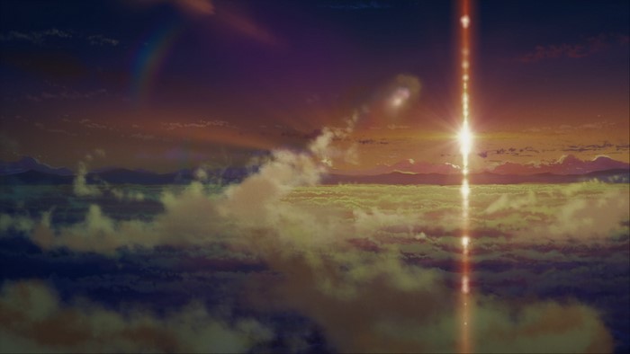 Anime landscape with clouds and a rainbow