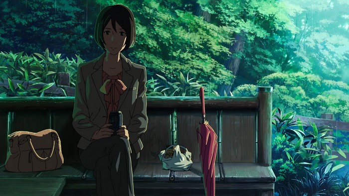 Takao from The Garden of Words sitting in the rain