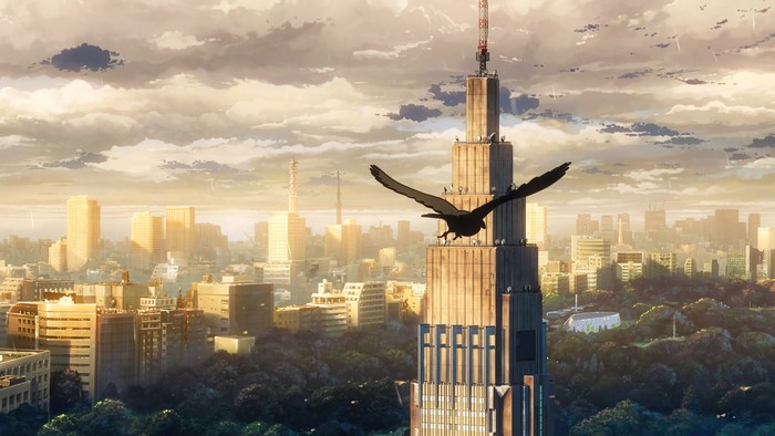 Anime city skyline with a bird flying near a tower