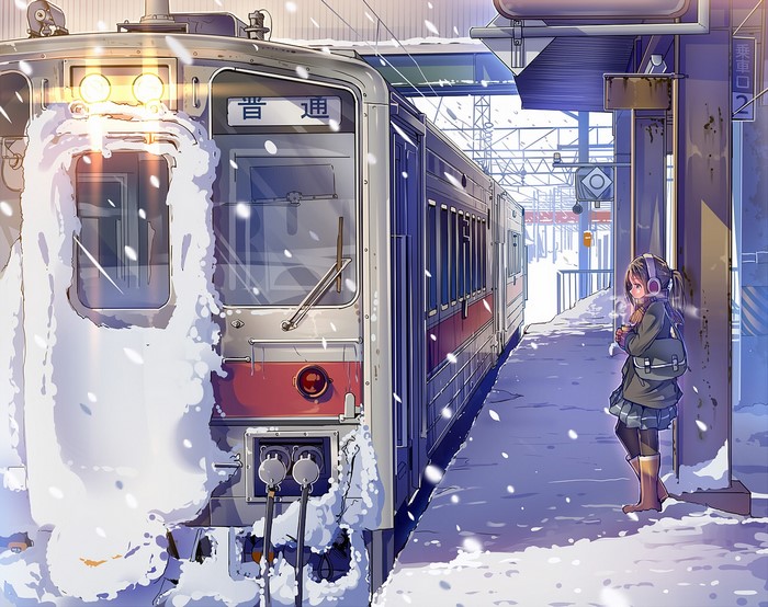 Anime train station in winter with snow