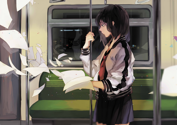 Anime girl on a train with papers flying
