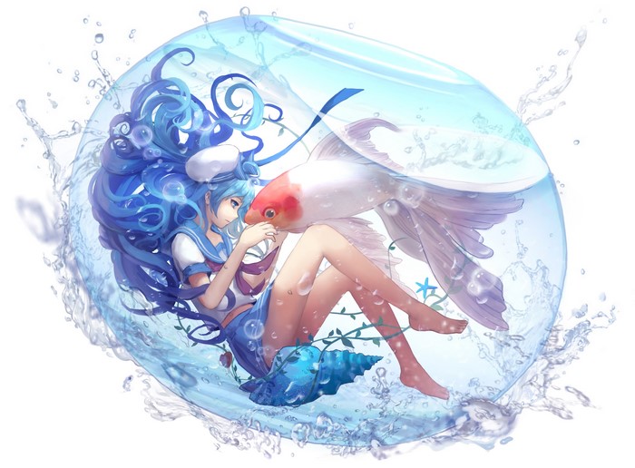 Anime girl with blue hair and goldfish in a water bubble