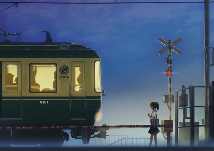 Anime girl at train station with Enoden train