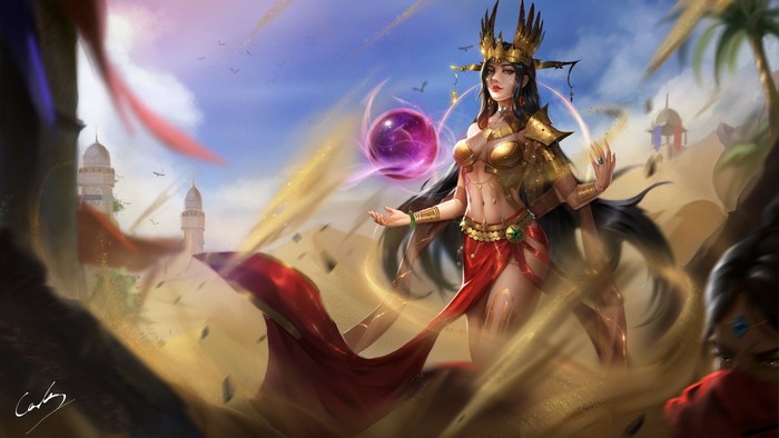 Fantasy woman with golden armor and red skirt in desert
