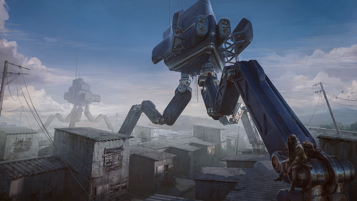 Apocalyptic concept art of giant robots over a settlement