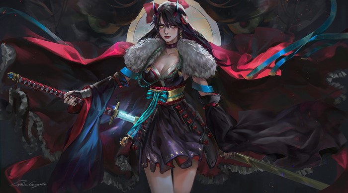 Woman with horns and swords, digital art