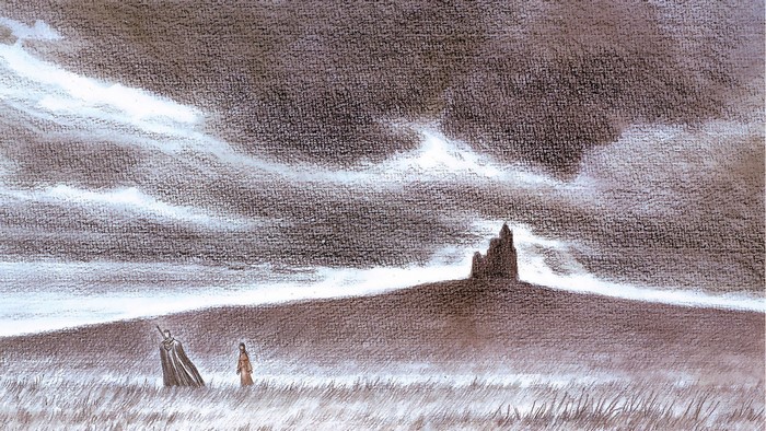 Guts and Casca from Berserk in a misty field