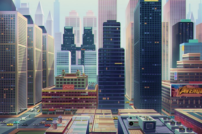 Animated cityscape with skyscrapers and streets