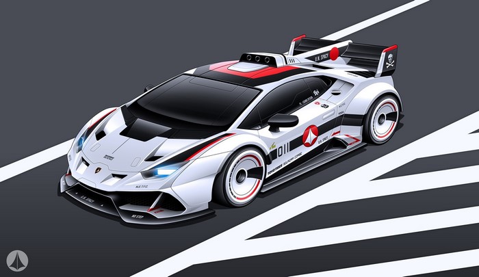 White Lamborghini race car with red and black accents