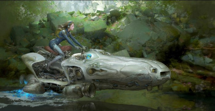 Woman riding a futuristic vehicle through a forest