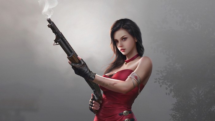 Woman in red dress holding a shotgun