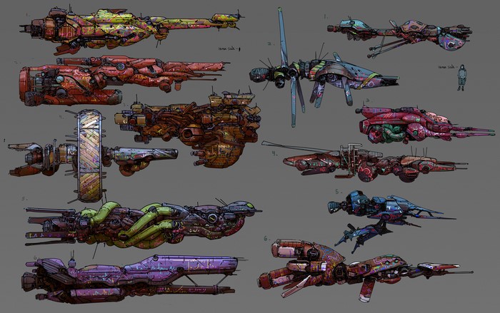 Concept art of various sci-fi spaceships and vehicles
