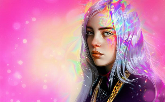Billie Eilish portrait with colorful abstract elements