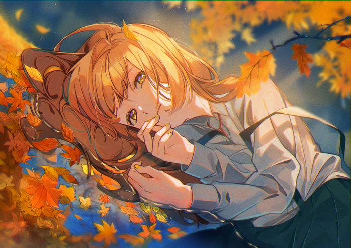 Anime girl with long brown hair lying in autumn leaves