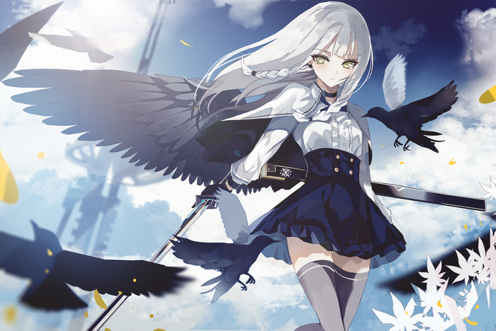 Anime girl with silver hair, wings, and sword with crows