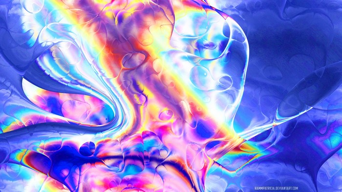 Abstract digital art with rainbow colors and blue background