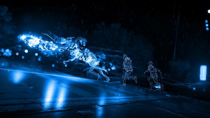 Holographic figures running in the rain at night