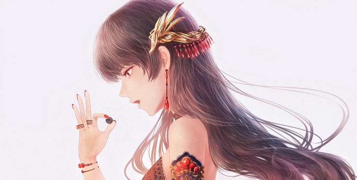 Anime girl with long brown hair and red accessories