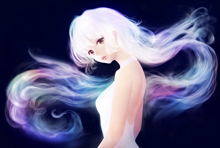 Anime girl with white hair and colorful smoke