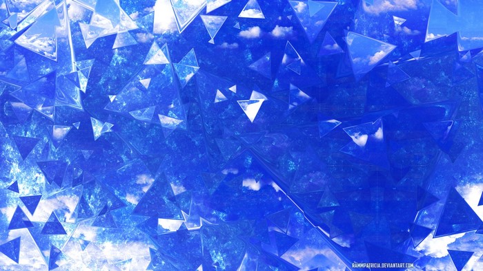Abstract blue triangles reflecting clouds