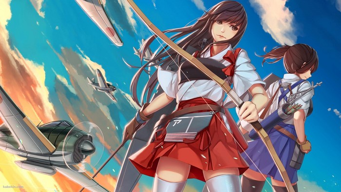 Anime girls with bows and arrows with airplanes