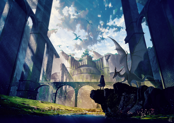Anime landscape with dragons and ruins